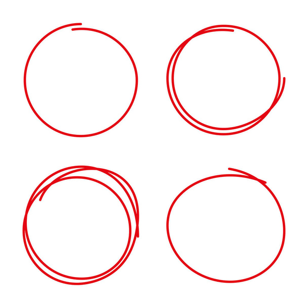 Четыре нарисованных вручную круга красного цвета и разного дизайна изолированы на белом фоне. Вектор - Вектор,изображение