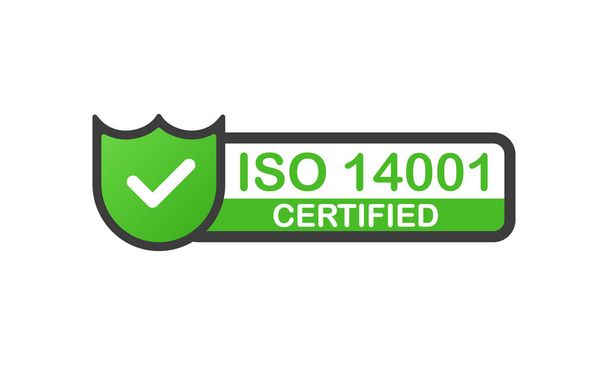 Сертифицированный ISO 14001 зеленый бейдж. Плоский дизайн штампа изолирован на белом фоне. Вектор. - Вектор,изображение