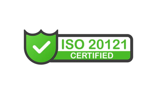 ISO 20121認証緑のバッジ。白を基調としたフラットデザインのスタンプ。ベクトル. - ベクター画像
