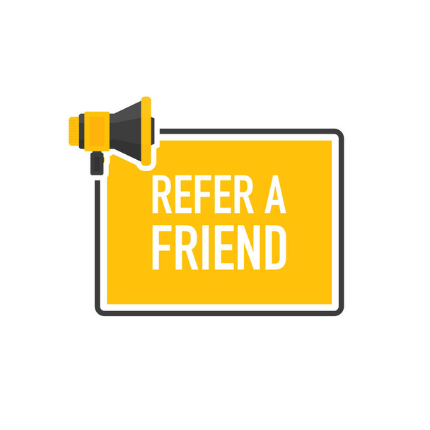 Megaphone geometric yellow banner with refer a friend speech bubble. Flat style. Vector. - Vector, Image