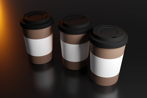 反射と影を持つ隔離された暗い背景にプラスチック蓋とホルダーを持つ3つのコーヒーカップの3Dイラスト。熱い飲み物のための使い捨てプラスチックと紙の食器のイラスト。カフェのためのモックアップテンプレート,レストラン企業アイデンティティ - 写真・画像