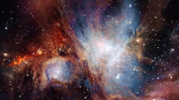 The Orion nebula exploration on deep space. 4K Flight Into the Orion Nebula also known as Messier 42, M42, NGC 1976. Elements furnished by NASA image. 3D animation Traveling through star fields. - Footage, Video