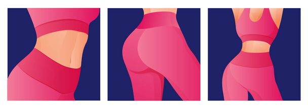 Set of Perfect slim toned young body of the girl. sporty woman in sportswear, shorts butt icon for mobile apps, slim body, vector illustration. - ベクター画像