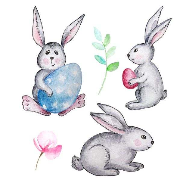 Watercolor set of gray easter cute bunnies with easter eggs isolated on white background. Design for Easter cards, invitations. - Photo, Image