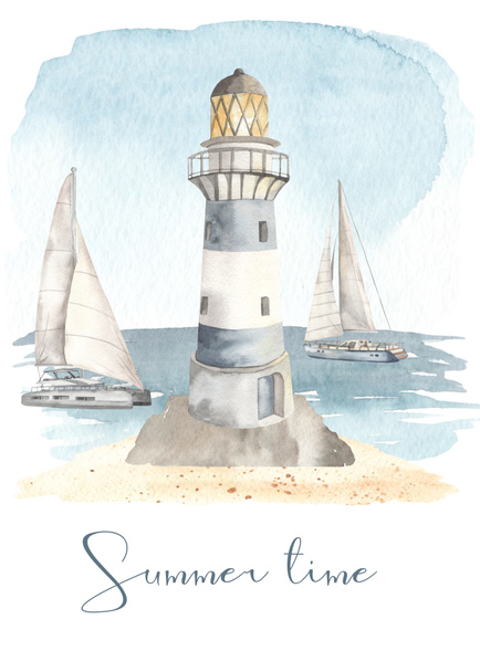 Lighthouse, seascape, yacht and catamaran. Summer time watercolor card. Illustration - Photo, Image