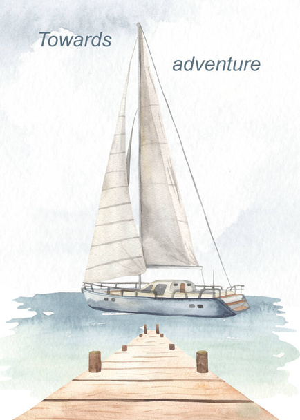 Pier, jacht en zeegezicht. Aquarelkaart voor avontuur. Voorgemaakte poster hand getekend illustratie - Foto, afbeelding