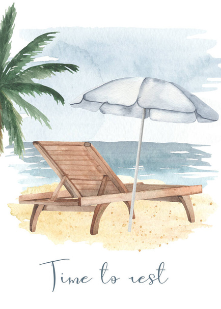 Seascape, beach lounger, beach umbrella, palm tree. Watercolor card Time to relax - Photo, Image