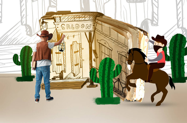 Malý kovboj poblíž kresleného západního saloonu v Americe - Fotografie, Obrázek