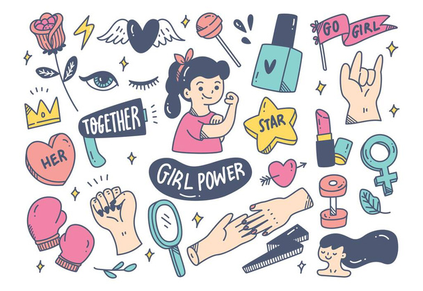 verschiedene Symbole zum Thema Girl Power mit Mädchen, die Muskeln zeigen  - Vektor, Bild