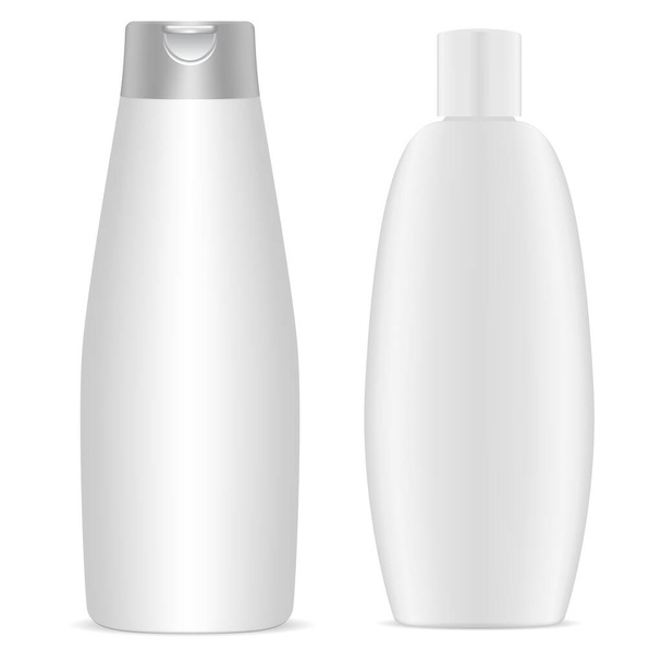 Shampoopullo. Valkoinen muovi kosmeettisia pulloja tyhjä, 3d mockup malli. Body geeli paketti kokoelma. Pyöreä pakkaus kylpy tuote. Maito- tai saippuasäiliö, terveys ja hygienia - Vektori, kuva