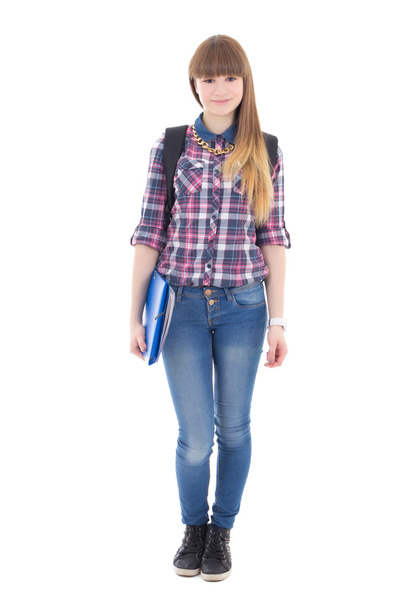sırt çantası ve üzerinde beyaz izole kitap ile şirin kız öğrenci - Fotoğraf, Görsel