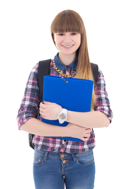 cute nastolatka z plecaka i folderu na białym tle - Zdjęcie, obraz