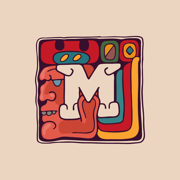 Letra M logo en estilo azteca, maya o incas. Símbolo nativo americano con cara de guerrero o dios. Perfecto para etiquetas étnicas, emblema deportivo, diseño de tatuajes e identidad tribal, etc.. - Vector, Imagen