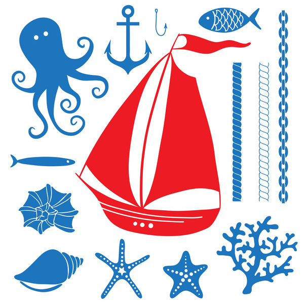 Silhouette Sea - Hand drawn set of sea symbols - Διάνυσμα, εικόνα