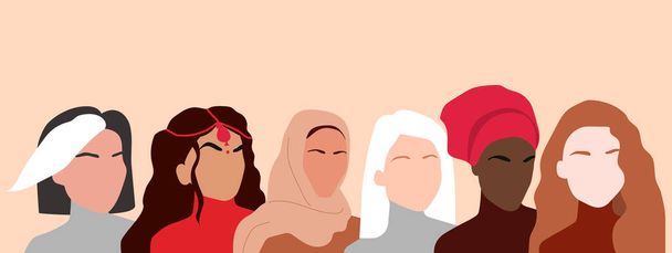 Retrato de diferentes nacionalidades e culturas mulher. Raparigas juntas. Amizade feminina, solidariedade, irmandade. Cartaz horizontal do Dia Internacional da Mulher. Eps 10 - Vetor, Imagem