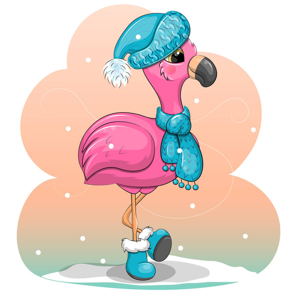 Mignon dessin animé rose flamant rose dans un chapeau d'hiver, écharpe et bottes. Illustration vectorielle oiseau d'hiver. - Vecteur, image