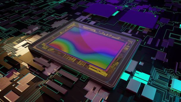 Sensor voor digitale camera, 3D rendering macro op moederbord met naar processoren - Foto, afbeelding