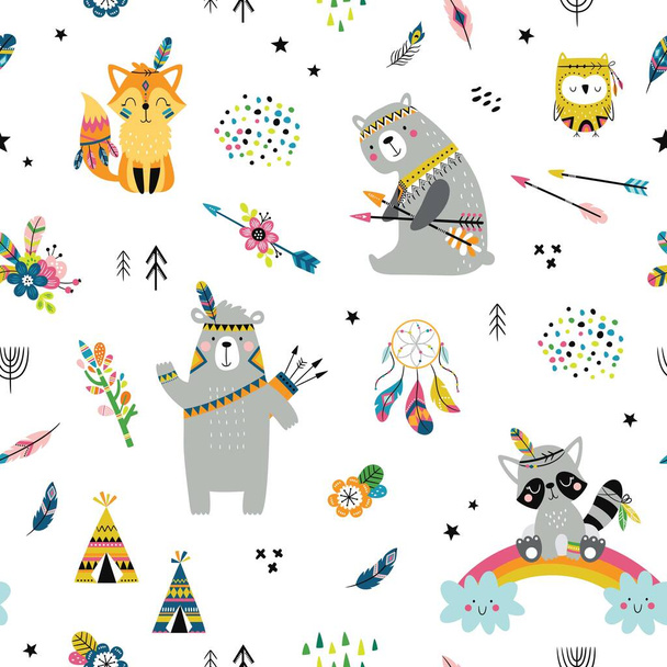Childish seamless vector pattern with cute woodland animals in cartoon style. Creative vector childish background for fabric, textile, apparel - Vector, Image