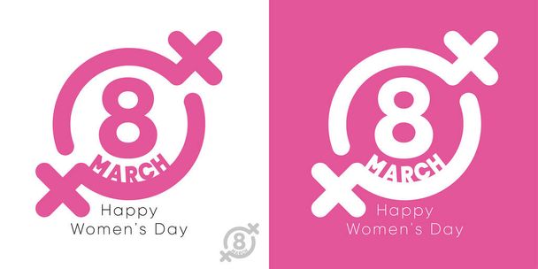 8 marzo Happy Women's Day logo design. Icona donna. 8 marzo - Giornata Internazionale della Donna logo-etichetta di design su sfondo bianco e rosa. Il numero 8 all'interno dell'icona. Design chiaro del logo-etichetta. - Vettoriali, immagini