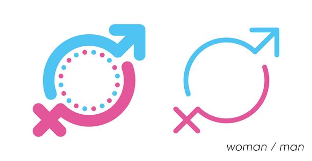 Neue Männer und Frauen tragen sich in das runde Postfeld ein. Der mittlere Teil des männlichen und weiblichen Zeichens kann als Schreibfläche verwendet werden. Icon-Logo Set in blauen und rosa Farben. - Vektor, Bild