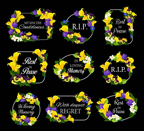 Pohřební rámy s věnečkem z jarních květin. Pohřební vektorové karty dekor se žlutou calla lilií, maceška a jasmín květiny, krokus, modrá viola nebo muškát. Nekrolog soustrast, památník květinové rámy - Vektor, obrázek
