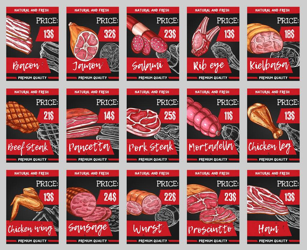 Meat market, butchery shop products banners. Pork sausages, veal ham and steak, lamb rib eye, chicken wings and legs, salami, mortadella and jamon, bacon wrust and pancetta chalk sketch vector - Vector, Image