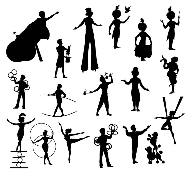 Sirk sanatçıları, siyah siluetler, karnaval üstteki çadır sanatçıları palyaço, akrobat ve erkek güllesi, eğitimli köpekler, hokkabaz, sihirbaz ve trapez kızı, yılanı, dengeleyicisi ve terbiyecisi olan kadın - Vektör, Görsel