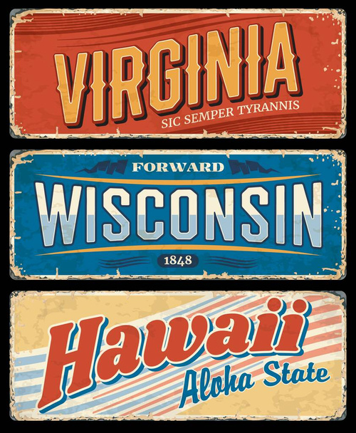 США вказують векторні ознаки Гаваїв, Вірджинії та Вісконсина, американський дизайн подорожей або туризму. Vintage plates and retro postcards with Aloha, Sic Semper Tyrannis and Forward State letterings - Вектор, зображення