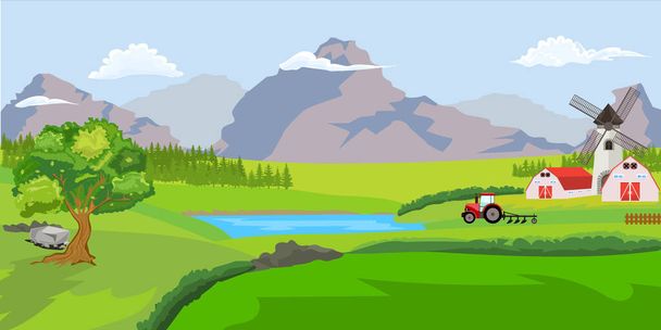 Farm House in village. Landscape farm, rural home, meadow and windmill. Flat and solid color vector illustration - Vector, Image