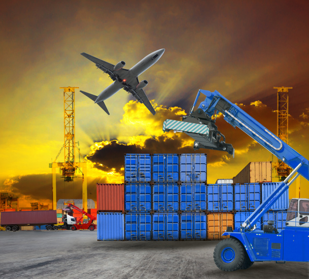 Container and port ship yard scene logistic service by  truck ,land transport and air plane cargo use for transportation industry business and port freight trading service industrial - Photo, Image