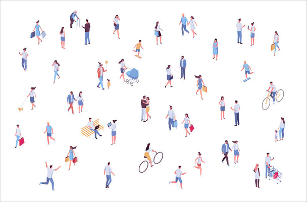Isometric vector background people. City street, park. Different people walking outdoor, riding bicycle, sitting on bench, walking with friends, pets. Family together. Flat vector isolated. - Vector, Image
