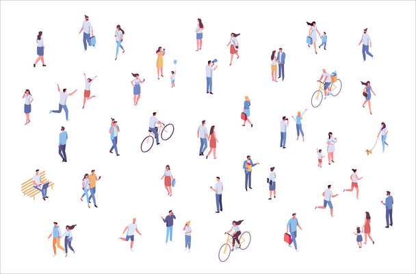 Isometric vector background people. City street, park. Different people walking outdoor, riding bicycle, sitting on bench, walking with friends, pets. Family together. Flat vector isolated. - Vector, Image