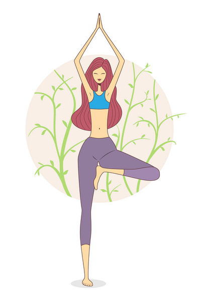 Giovane donna che fa yoga in natura e foglie - illustrazione vettoriale - Vettoriali, immagini