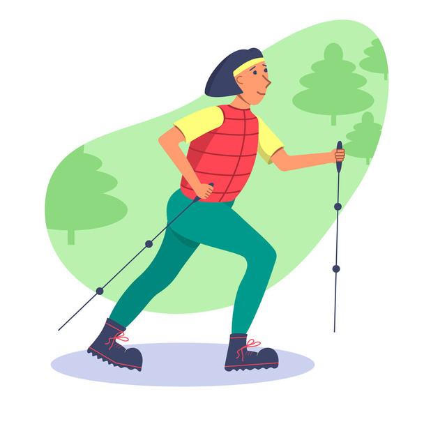 Ein glückliches Mädchen geht in großen Wanderschuhen und bequemer Sportbekleidung auf einem Wanderweg im Wald spazieren. - Vektor, Bild