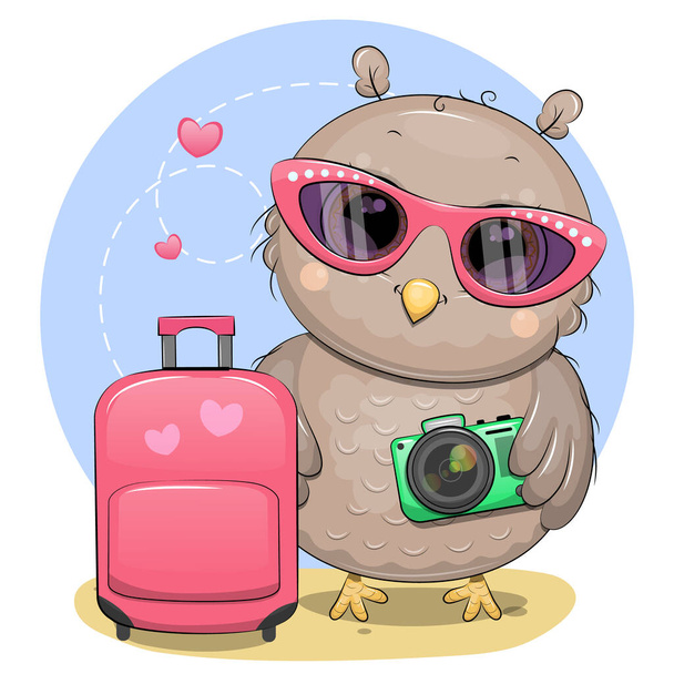 Eine niedliche Cartoon-Eule mit pinkfarbener Brille hält eine Kamera in der Nähe des Gepäckstücks..  - Vektor, Bild