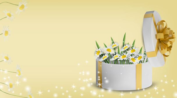 ギフトボックスの花のコレクションカモミール。春の花。愛の概念、母の日。あなたのデザインのイラスト。ベクターイラスト - ベクター画像