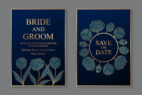 Set luxe bloemen bruiloft uitnodiging ontwerp of wenskaart sjablonen met gouden bloemen op een marine blauwe achtergrond. - Vector, afbeelding