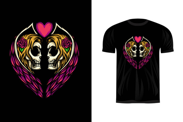 Twin-Skull-Winkelabbildung für T-Shirt-Design, Aufkleber-Design - Vektor, Bild