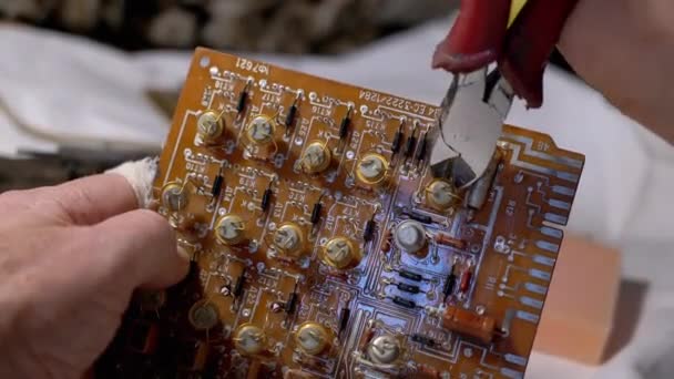 Maître avec coupe-fil débranchant les transistors radio précieux de la carte - Séquence, vidéo