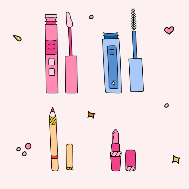 Cute hand drawn vector set with lipstick, eyebrow pencil, lipstick pencil, mascara, lip gloss. Colorful stylized clipart about beauty care, cosmetic. Elements can be used for stickers, social media. - Vector, Image