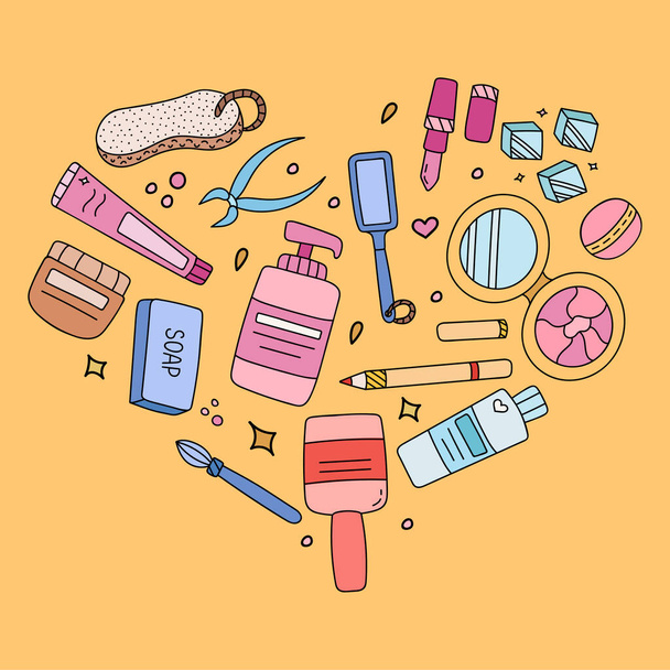 Cute hand drawn set with powder, pumice, lipstick, antibacterial soap, cream, ice cubes, cosmetic brushes, tweezers. Vector illustrations about body, hair, nail, face care and cosmetics for the beauty. - Vector, Image