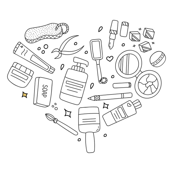Cute hand drawn set with powder, pumice, lipstick, antibacterial soap, cream, ice cubes, cosmetic brushes, tweezers. Vector illustrations about body, hair, nail, face care and cosmetics for the beauty. - Vector, Image