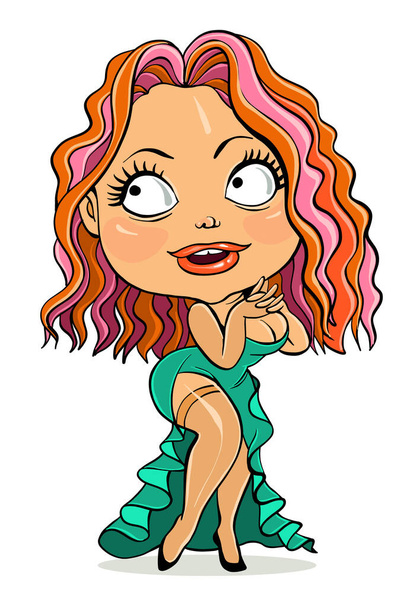 Een vectorcartoon. Heldere kleurrijke illustratie - een parodie. Grappig mooi sexy roodharig meisje in een avondjurk. Geïsoleerd voorwerp - Vector, afbeelding