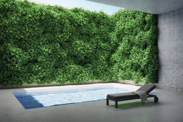 Patio interior con pared de jardín vertical decorativa y piscina. Ilustración 3D, representación. - Foto, Imagen