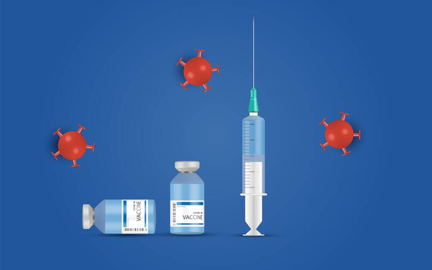 Coronavirus Vaccine and syringe injection prevention, immunization from Coronavirus, Coronavirus vaccine vector background. Covid-19 corona virus vaccination with vaccine bottle 3D - Vector, Image