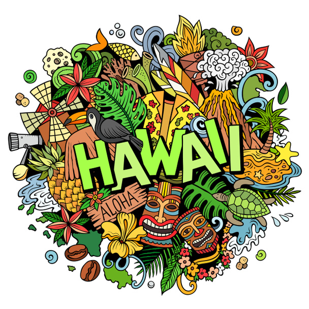 Гавайи рисуют карикатурные каракули вручную. Смешной гавайский дизайн - Фото, изображение