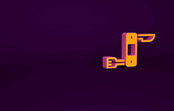 Оранжевый значок швейцарского армейского ножа выделен на фиолетовом фоне. Многофункциональный многофункциональный перочинный нож. Многофункциональный инструмент. Концепция минимализма. 3D-рендеринг. - Фото, изображение