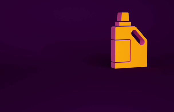 Oranžová Plastová láhev na prací prostředek, bělidlo, mycí kapalina nebo jiná ikona čisticího prostředku izolovaná na fialovém pozadí. Minimalismus. 3D ilustrace 3D vykreslení. - Fotografie, Obrázek