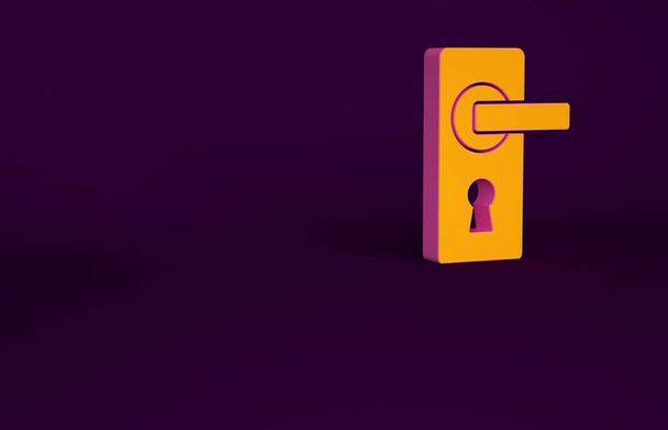 Orange Door handle icon isolated on purple background. Door lock sign. Minimalism concept. 3d illustration 3D render. - Photo, Image