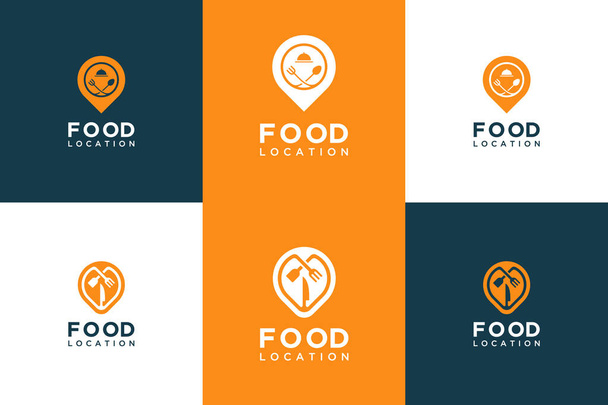 Встановити дизайн логотипу розташування колекції їжі. символьна вилка, ложка, ніж і шпилька
 - Вектор, зображення